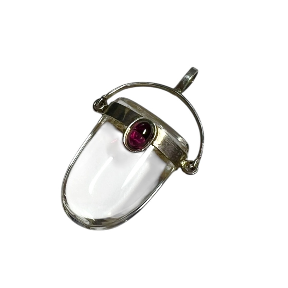 Crystal Quartz Pendant, Sterling Silver & Garnet Cabochon, Talisman, Boho - Picture 9 of 9